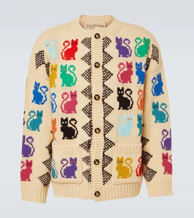 Valentino Wool Cardigan With Le Chat De La Maison Jacquard Pattern In Nude