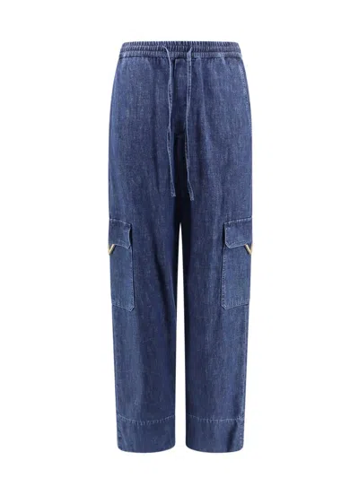 Valentino Cotton Cargo Jeans With V-gold Detail In Blue