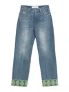 Valentino Medium Blue Jeans With Green Embroidery, Straight Leg, High Waist In Lavado Oscuro