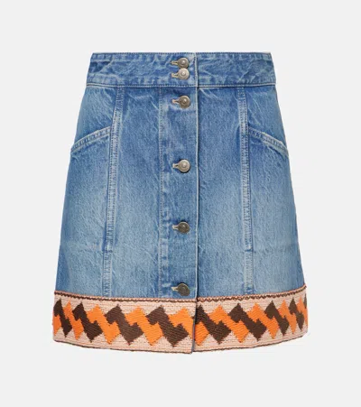 VALENTINO JACQUARD-TRIMMED DENIM MINISKIRT