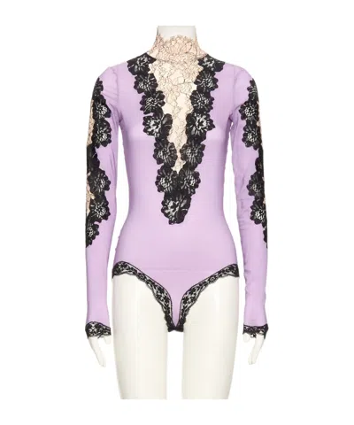 Valentino Jersey Bodysuit With Lace In Purple