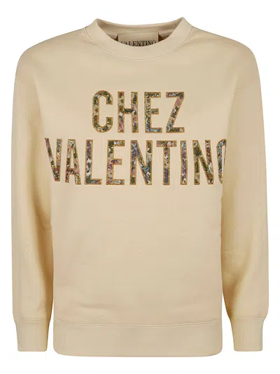Valentino Pattern Cotton Crew Neck Sweatshirt Ribbed In Neutral