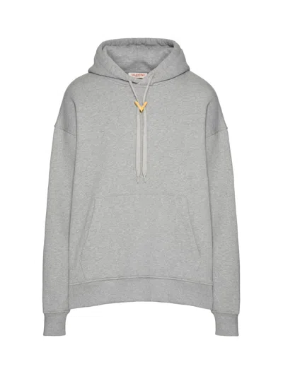 Valentino Cotton Hoodie With Metallic V Detail In Grey