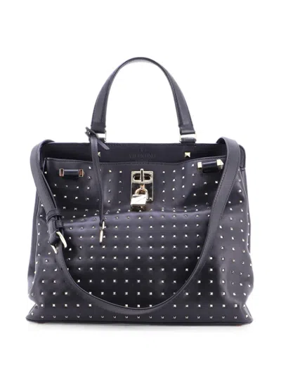 Pre-owned Valentino Garavani Joy Lock Top Handle Bag Studded Leather Medium Satchel In Black