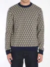 Valentino Crewneck Wool Jumper With Toute La V Jacquard Pattern In Blue