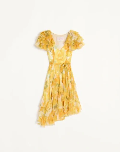 Valentino Kleid Aus Chiffon Rose Gialle Papier Floral Frau Yellow Multicolor 42