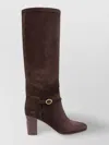 Valentino Knee-high Suede Boots With Leather Block Heel In Brown