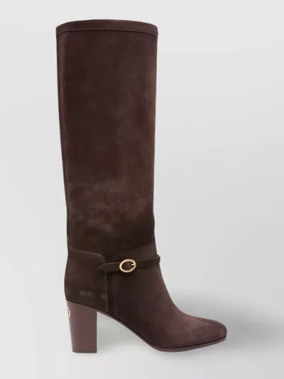 Valentino Garavani Knee-high Suede Boots With Leather Block Heel In Brown