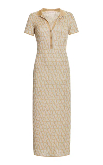 Valentino Knit Lurex Jacquard Polo Midi Dress In Gold