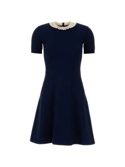 Valentino Knit Mini Dress Scalloped Collar Short Sleeves In Blue
