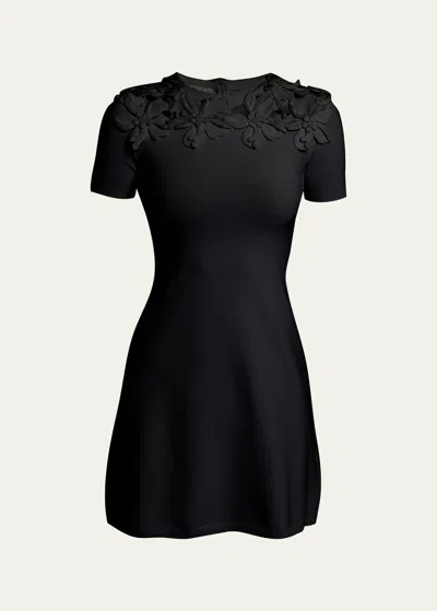 Valentino Knit Mini Dress With Floral Embroidered Neckline In Black