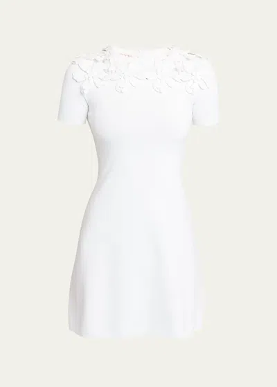 Valentino Knit Mini Dress With Floral Embroidered Neckline In White