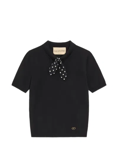 Valentino Garavani Short Sleeve Wool Blend Sweater With Polka Dot Silk Pussybow In Animal Print
