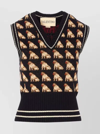 VALENTINO KNIT VEST WITH DOG PATTERN AND TRIM