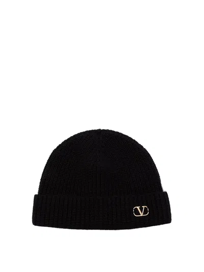 Valentino Garavani Cashmere Ribbed Texture Beanie With Turn-up Brim In Black