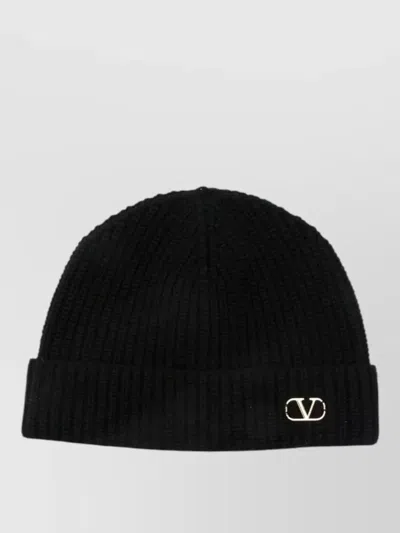 Valentino Garavani Knitted Cashmere Beanie Ribbed Turn Up In Black