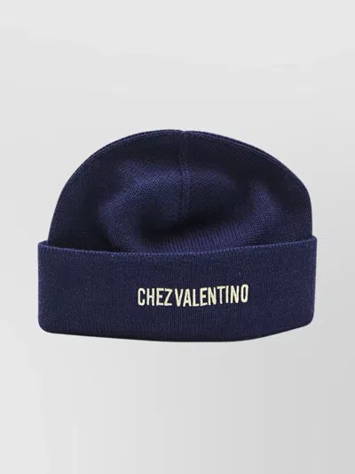 Valentino Garavani Knitted Ribbed Beanie Folded Brim In Blue