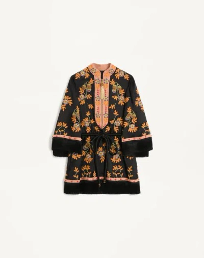 Valentino Kurzes Kleid Aus Besticktem, Gewaschenem Double Duchesse Frau Schwarz/mehrfarbig 42