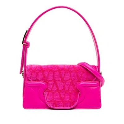 Pre-owned Valentino Garavani La Petit Calfskin Leather Trimmed Toile Deuxieme Iconographe Satchel In Pink