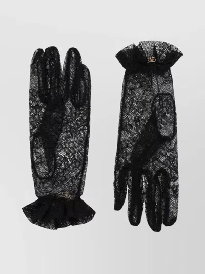 Valentino Garavani Lace Bow Sheer Fabric Gloves Signature In Black