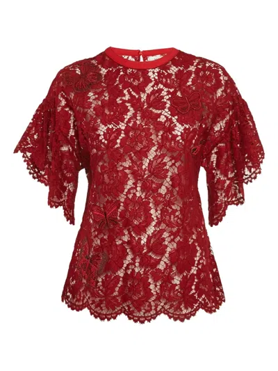 Pre-owned Valentino Lace Butterfly-appliqué Top In Red