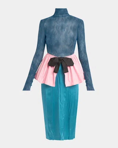 Valentino Lace Colorblock Peplum Dress In Blue