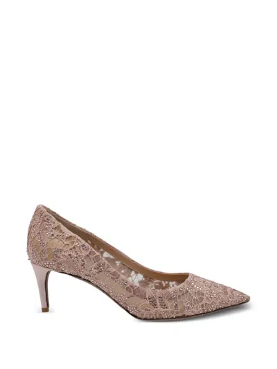 Pre-owned Valentino Garavani Lace Crystal Pointed Pumps In Pink