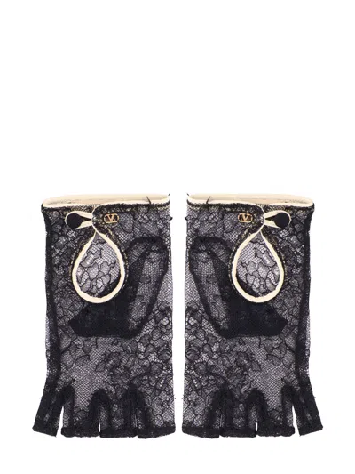 Valentino Garavani Lace Gloves With Leather Profiles In Animal Print