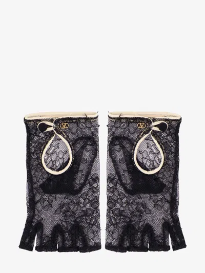 Valentino Garavani Lace Gloves With Leather Profiles In Black
