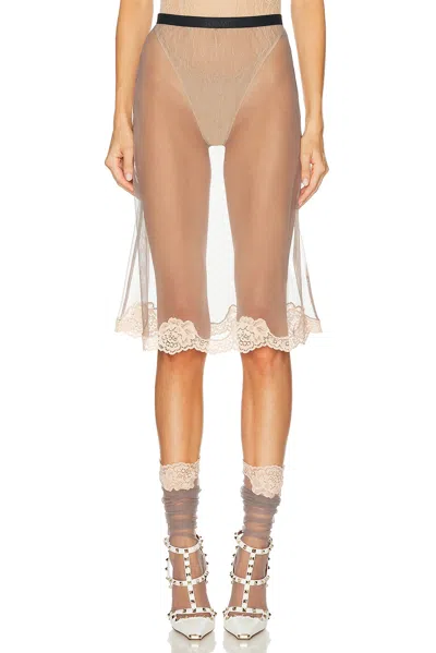 Valentino Lace-trimmed Mesh Midi Skirt In Gray