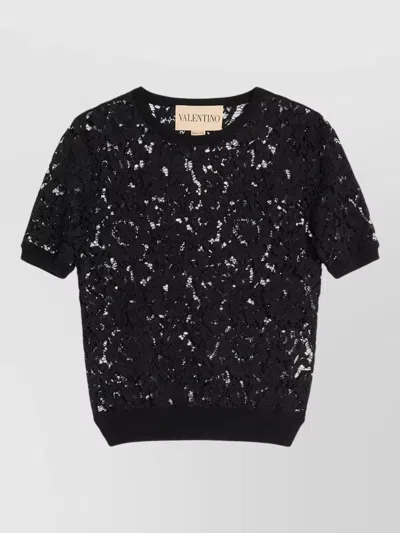 Valentino Lace Knit Sequin Short Sleeve Top In Black