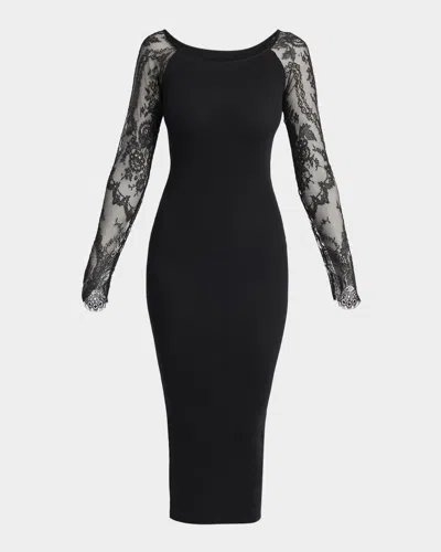 Valentino Lace Long-sleeve Rib Midi Dress In Black