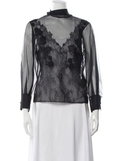 Pre-owned Valentino Lace Pattern Mock Neck Blouse In Gray