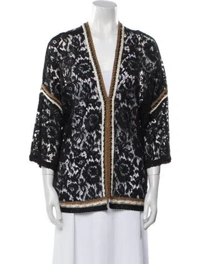 Pre-owned Valentino Lace Pattern Plunge Neckline Sweater In Black
