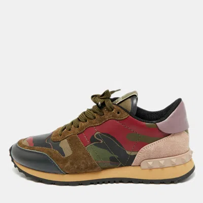 Pre-owned Valentino Garavani Lace Rockrunner Size 37.5 Multicolor Leather And Suede Lace Up Sneakers