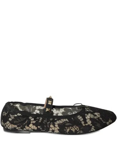 Pre-owned Valentino Garavani Lace Rockstud Ballerina Flats In Black
