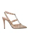Valentino Rockstud 100 Lace And Leather Pumps In Neutral