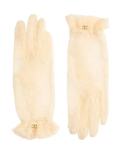 Valentino Garavani Lace Ruffled Gloves In Neutral