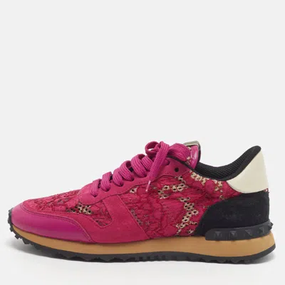 Pre-owned Valentino Garavani Lace Runner Size 39 Pink/black Lace And Suede Low Top Sneakers