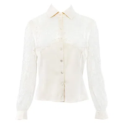 Pre-owned Valentino Lace Silk Blouse W Pearl Buttons In Gray