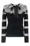Valentino Bow-embellished Striped Lace-trimmed Wool Sweater In Black