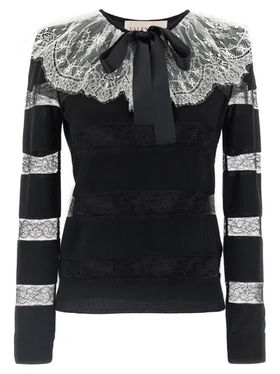 Valentino Crew Neck Lace Sweater With Striped Pattern In Black