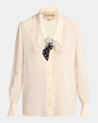 Valentino Lace-trim Button-down Silk Blouse With Polkadot Tie In Brown