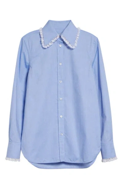 Valentino Lace Trim Cotton Oxford Button-up Shirt In Blue