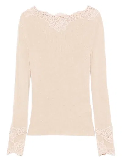 Valentino Lace-trim Ribbed Top In Neutral