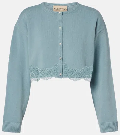 Valentino Lace-trimmed Cropped Virgin Wool Cardigan In Blue