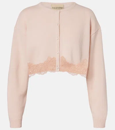 Valentino Lace-trimmed Cropped Virgin Wool Cardigan In Pink