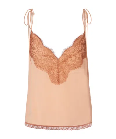 Valentino Lace-trimmed Silk Crepe De Chine Top In Brown