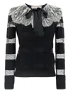 Valentino Bow-embellished Striped Lace-trimmed Wool Sweater In Black