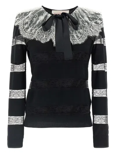 Valentino Bow-embellished Striped Lace-trimmed Wool Sweater In Black